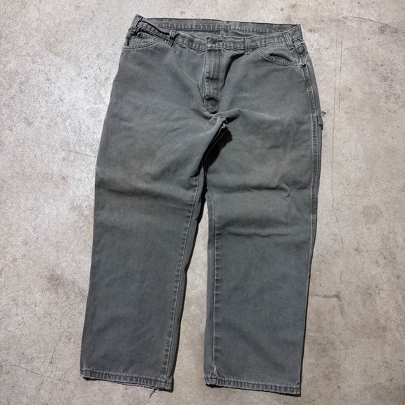 Vintage 90s Dickies Relaxed Fit Carpenter Pants 40x30 Denim Distressed Olive - Picture 5 of 8